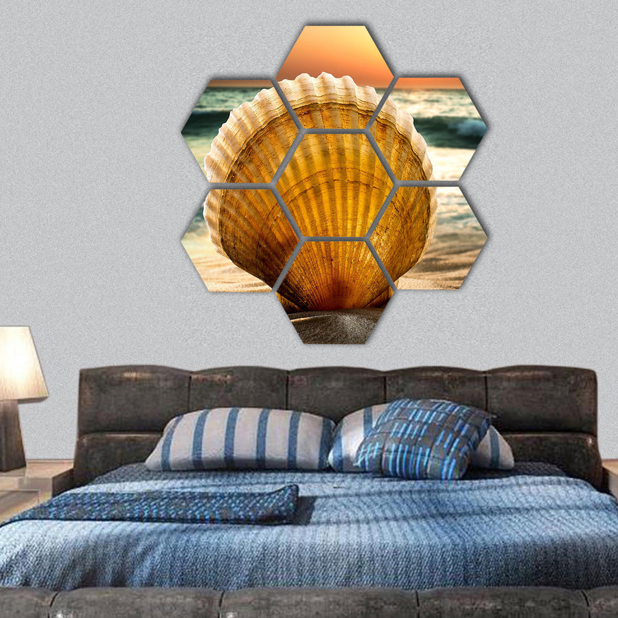 Sea shells in the sand, a sunset hexagonal canvas wall art