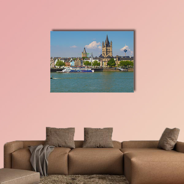 View of the city skyline from river Rhine multi panel canvas wall art