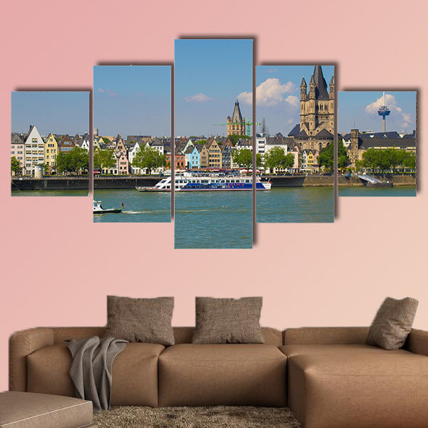 View of the city skyline from river Rhine multi panel canvas wall art