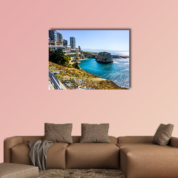 Beirut Raouche Pigeons Rock with High rises and Sea View multi panel canvas wall art