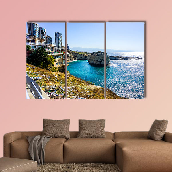 Beirut Raouche Pigeons Rock with High rises and Sea View multi panel canvas wall art
