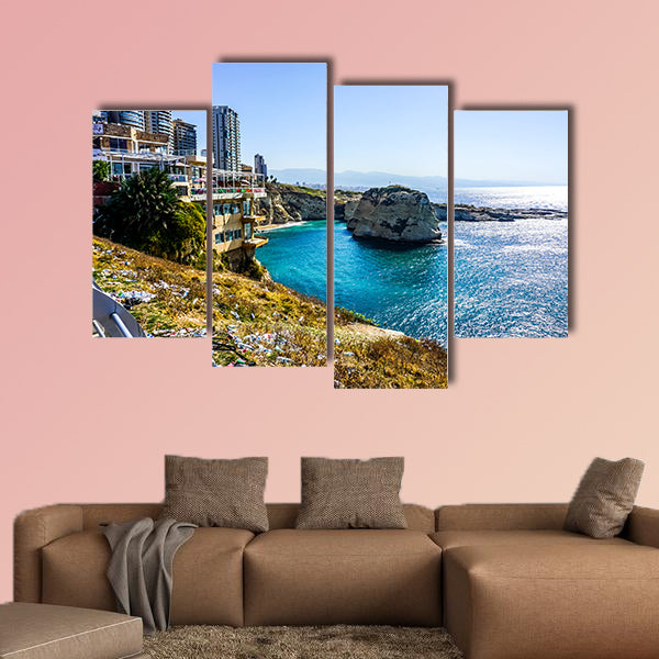 Beirut Raouche Pigeons Rock with High rises and Sea View multi panel canvas wall art