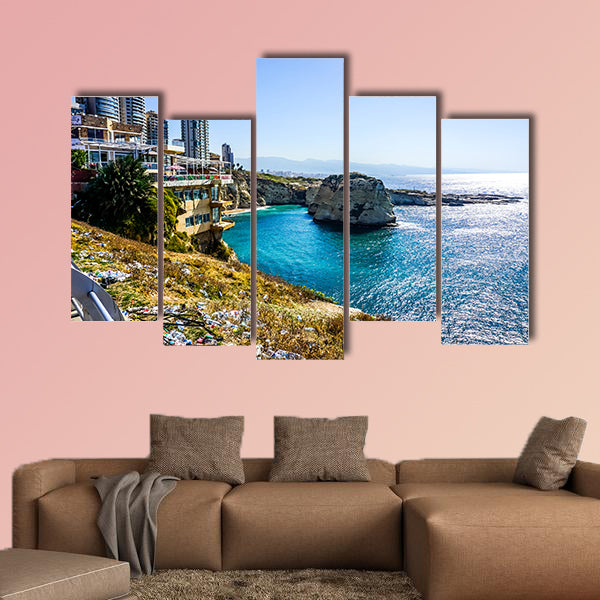 Beirut Raouche Pigeons Rock with High rises and Sea View multi panel canvas wall art