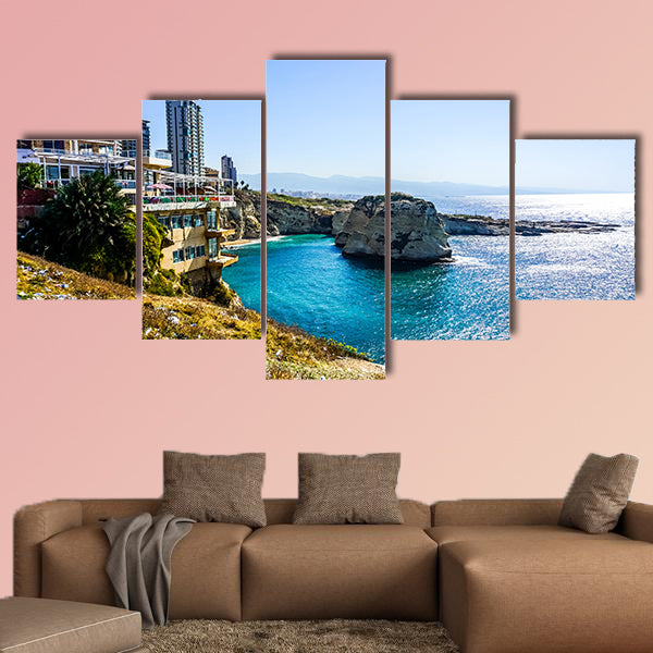 Beirut Raouche Pigeons Rock with High rises and Sea View multi panel canvas wall art
