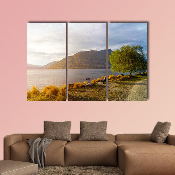 Wooden bench under tree on glowing sunset at Lake Wakatipu wall art