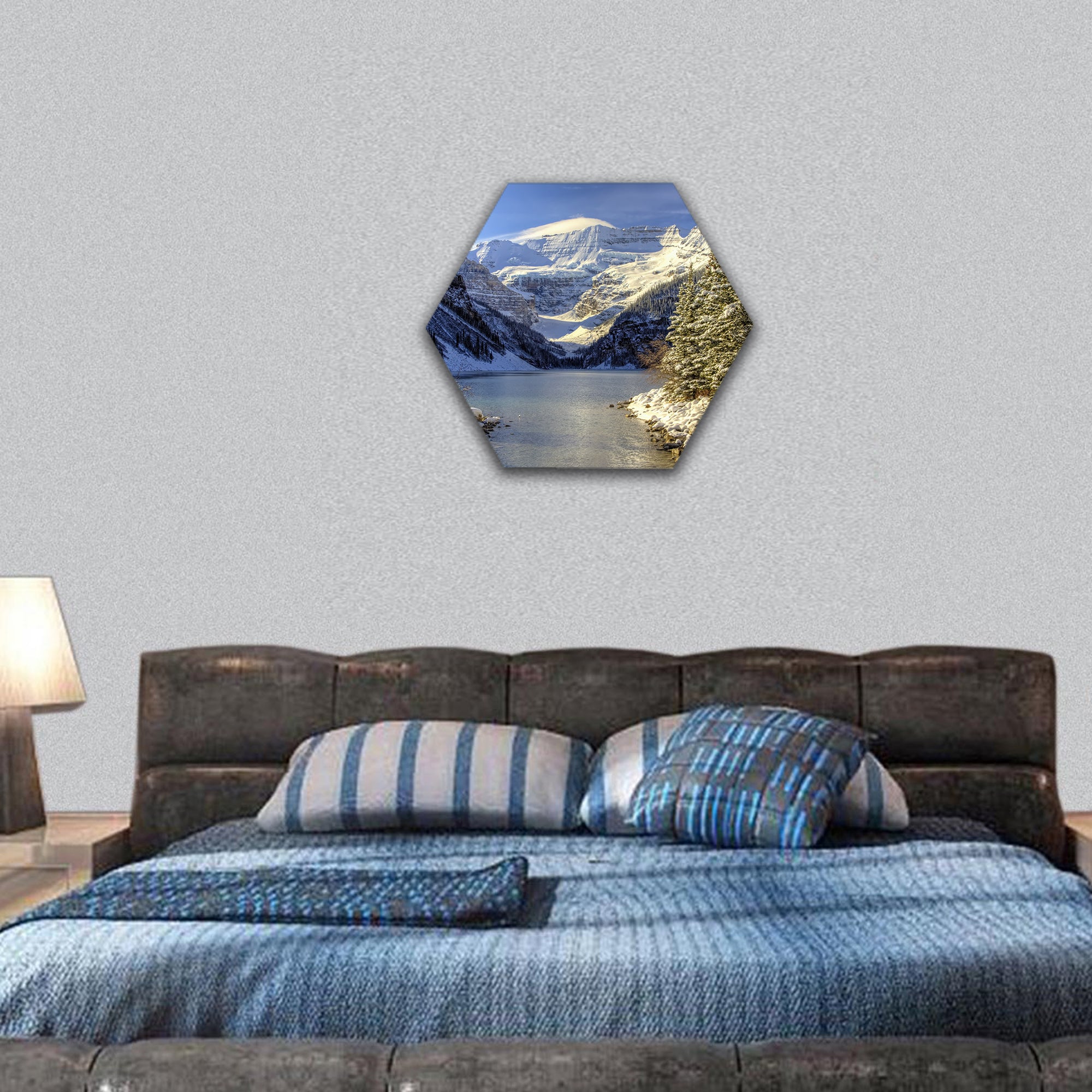 Early winter snow settles on Lake Louise hexagonal canvas wall art