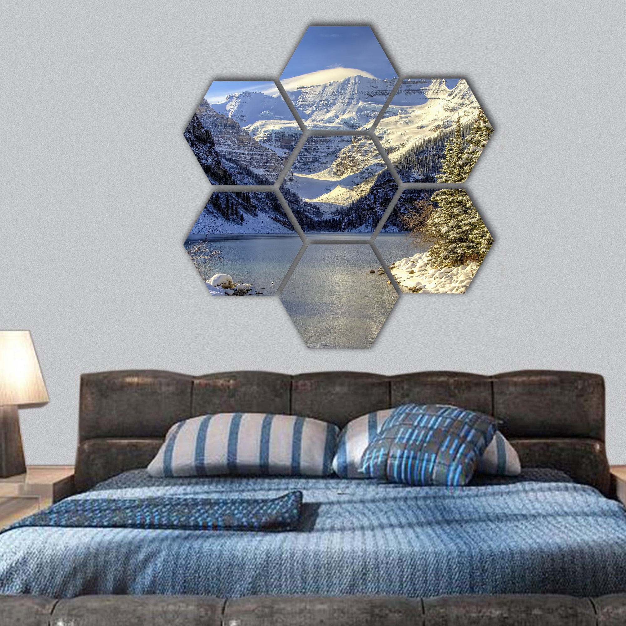 Early winter snow settles on Lake Louise hexagonal canvas wall art