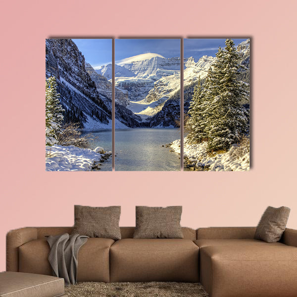 Early winter snow settles on Lake Louise,  multi panel canvas wall art