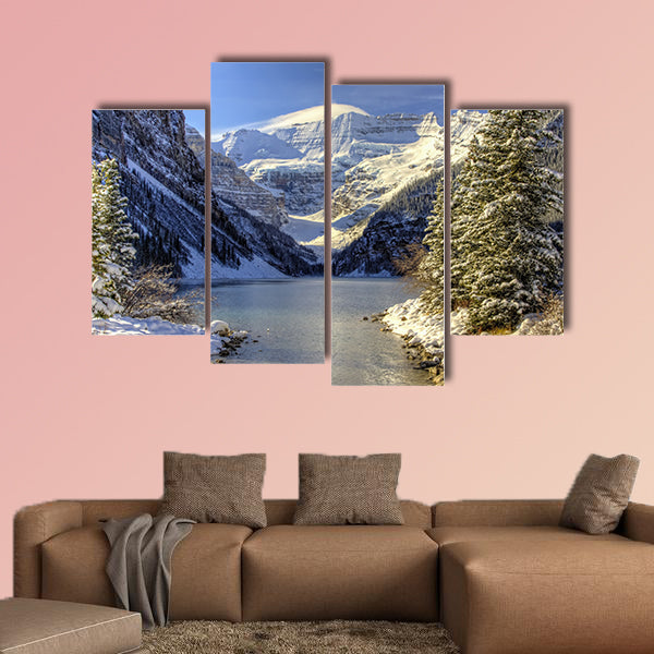 Early winter snow settles on Lake Louise,  multi panel canvas wall art
