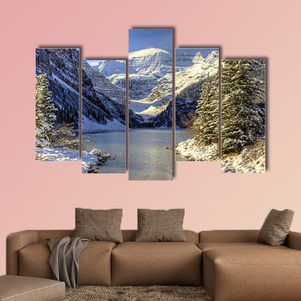 Early winter snow settles on Lake Louise,  multi panel canvas wall art