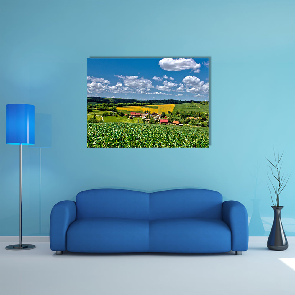 Beautiful green village scenery landscape in spring time, Zaistovec, Croatia multi panel canvas wall art