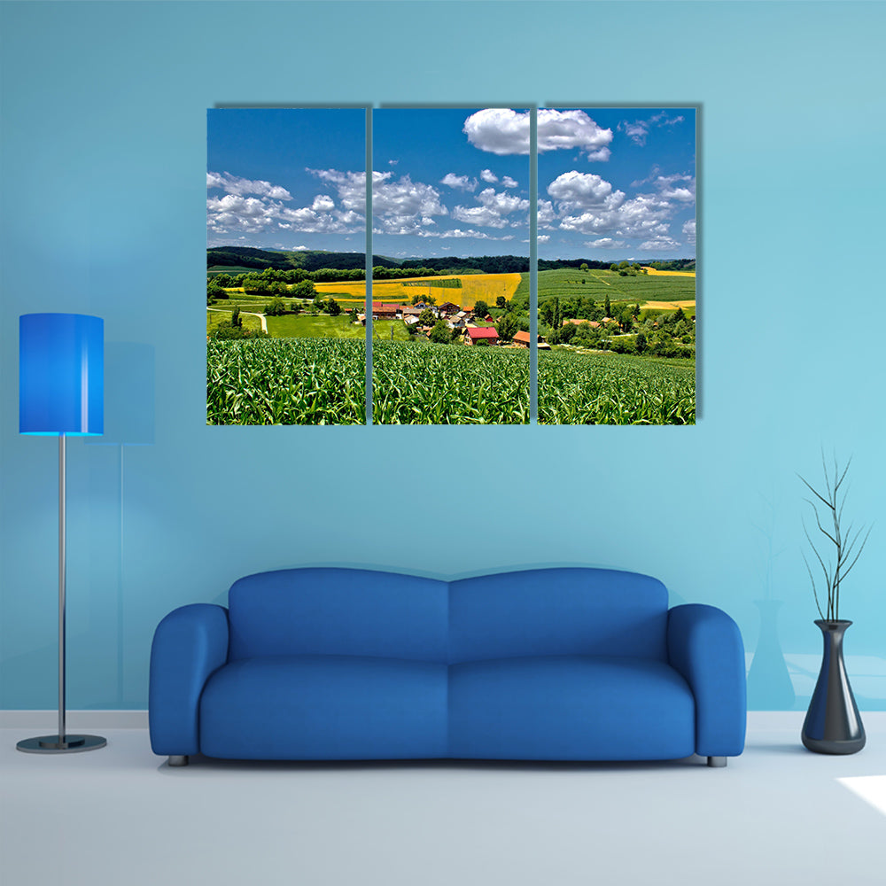 Beautiful green village scenery landscape in spring time, Zaistovec, Croatia multi panel canvas wall art