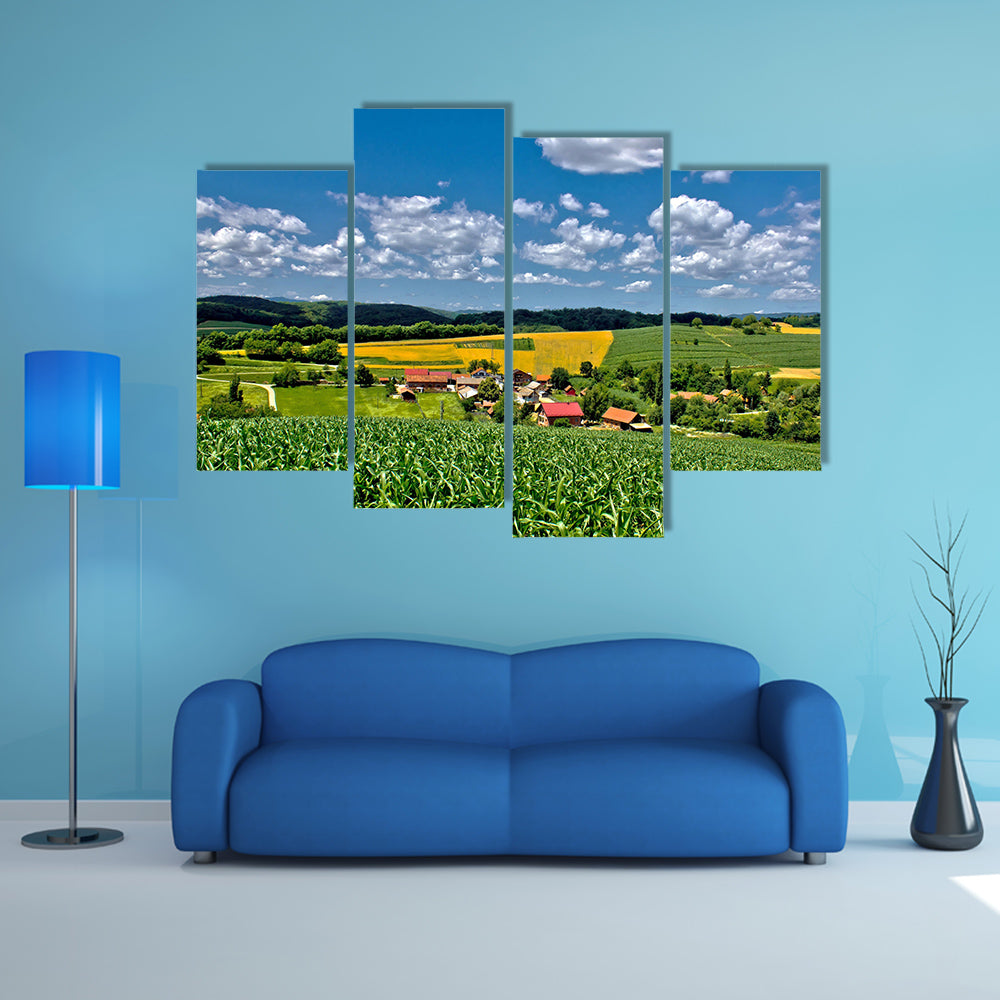 Beautiful green village scenery landscape in spring time, Zaistovec, Croatia multi panel canvas wall art
