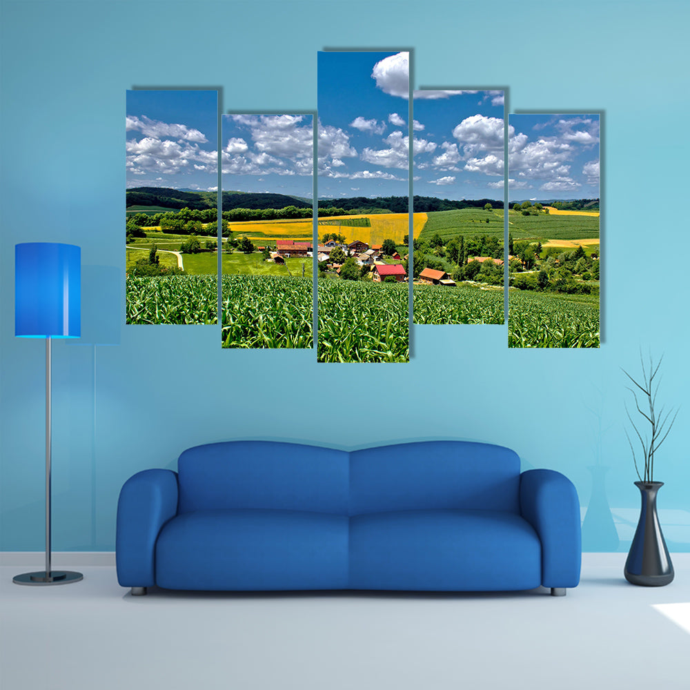 Beautiful green village scenery landscape in spring time, Zaistovec, Croatia multi panel canvas wall art
