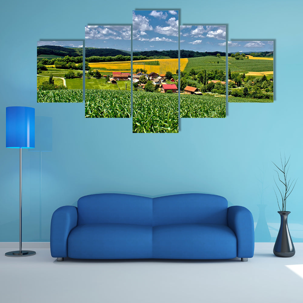 Beautiful green village scenery landscape in spring time, Zaistovec, Croatia multi panel canvas wall art