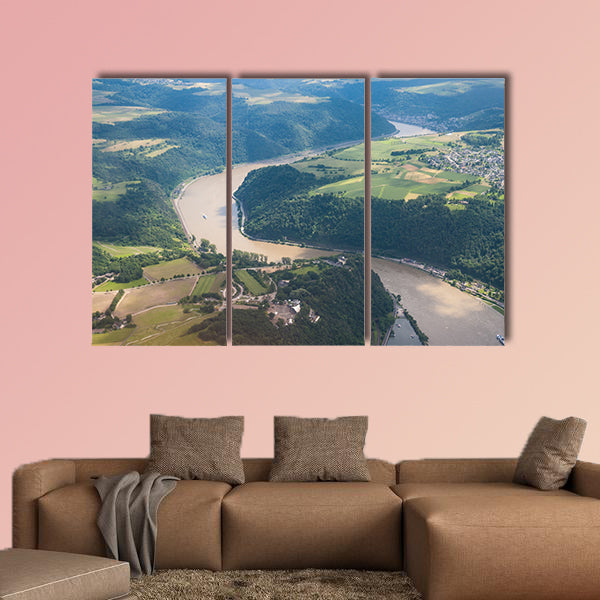 Aerial Impression of hte Loreley, and the meandering rhine river in Cental Germany multi panel canvas wall art