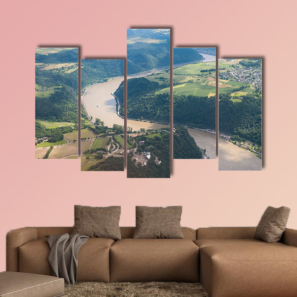 Aerial Impression of hte Loreley, and the meandering rhine river in Cental Germany multi panel canvas wall art