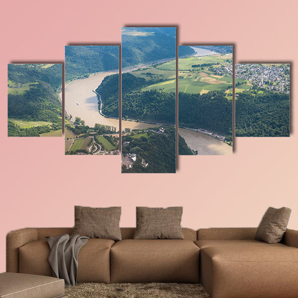Aerial Impression of hte Loreley, and the meandering rhine river in Cental Germany multi panel canvas wall art