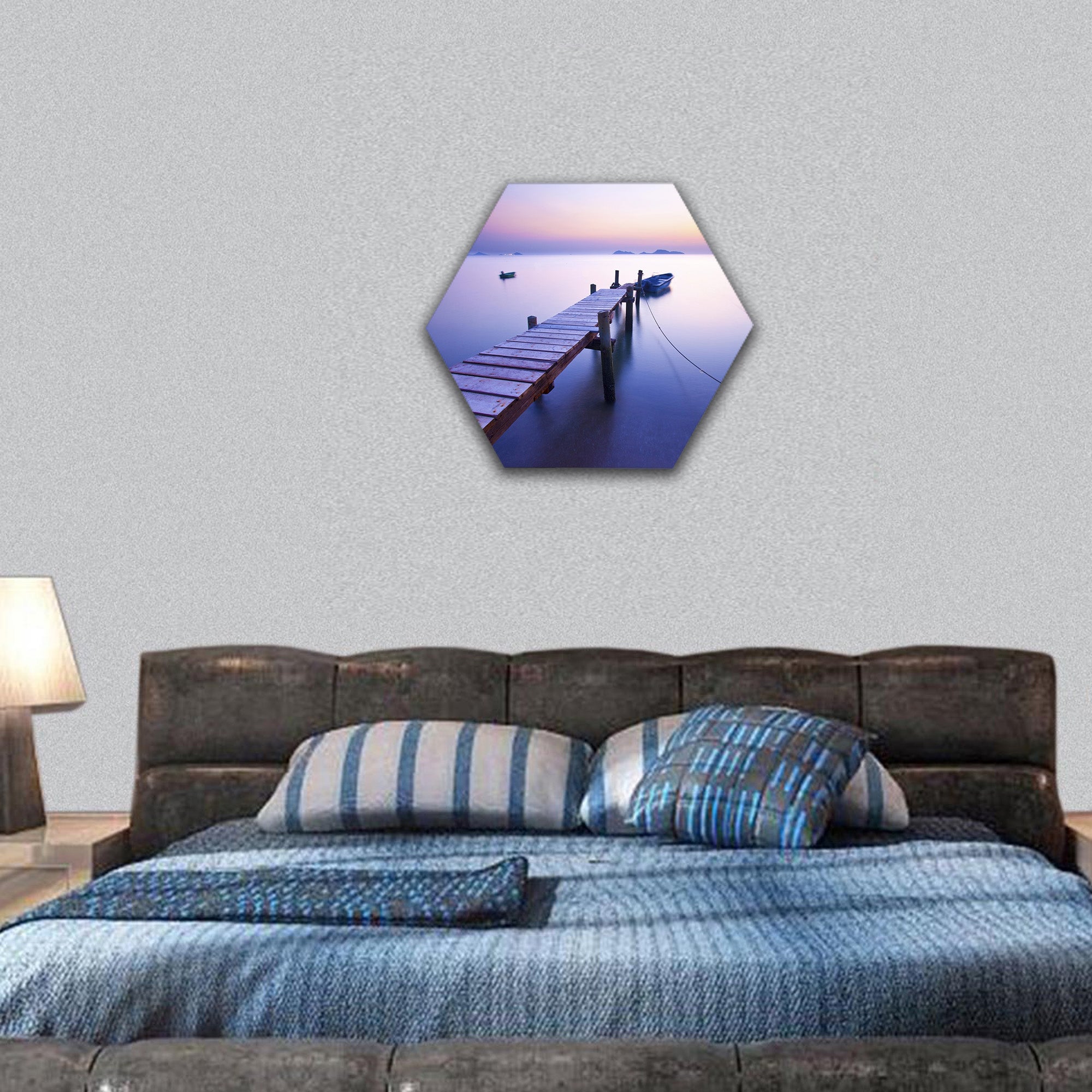 Jetty sunrise along the coast hexagonal canvas wall art