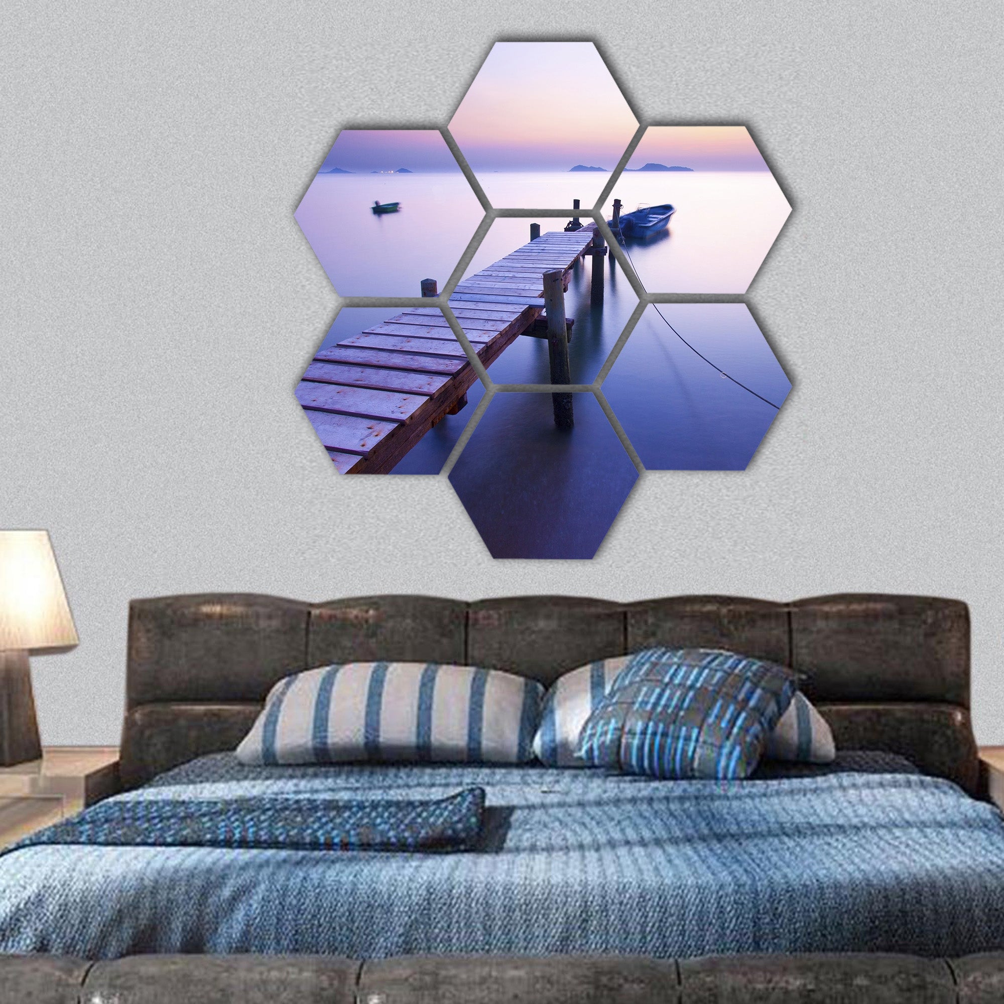 Jetty sunrise along the coast hexagonal canvas wall art