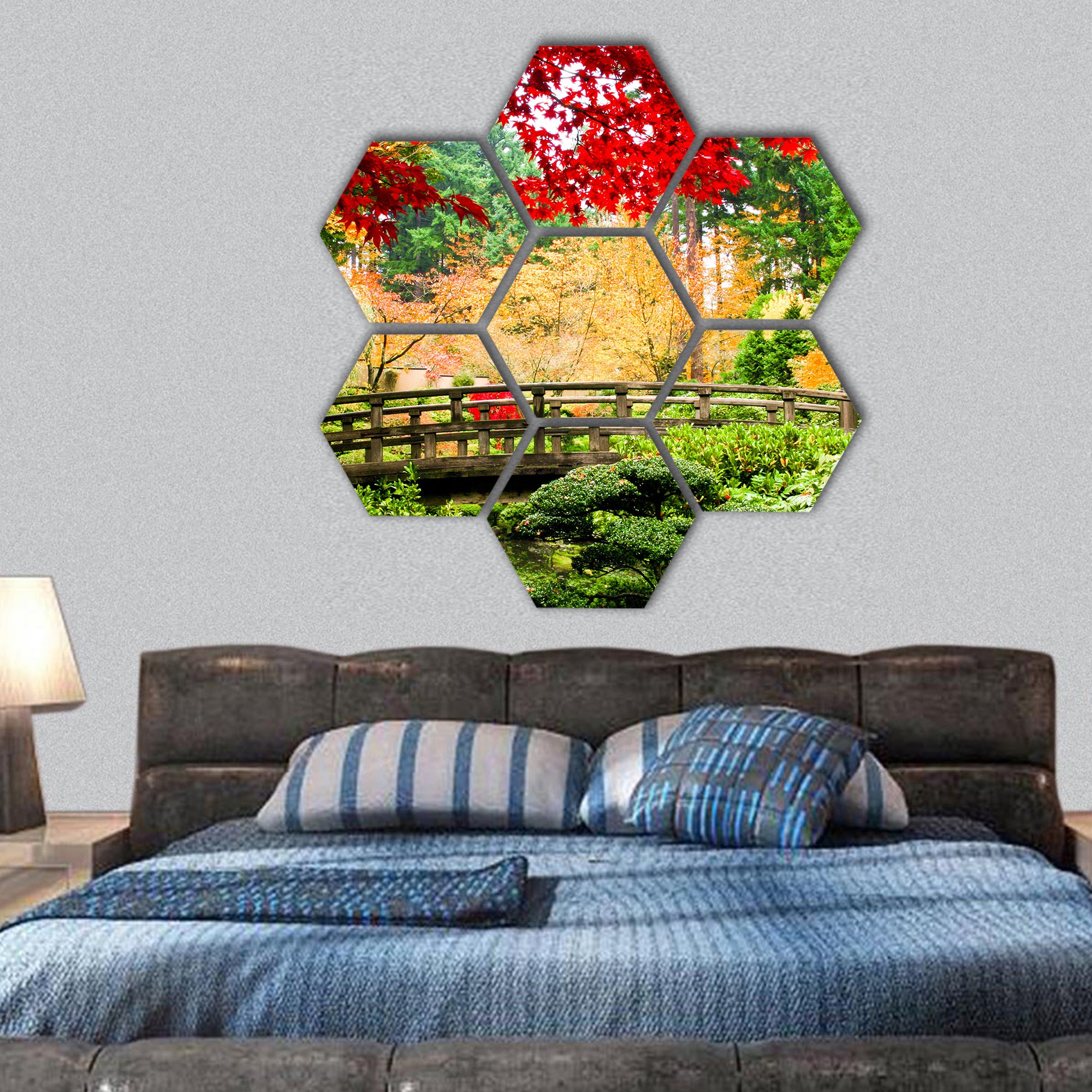 Bridge in an Asian garden during Fall season hexagonal canvas wall art