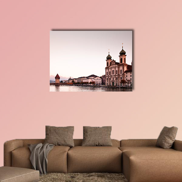Lucerne Chapel Bridge and Jesuitenkirche at sunset multi panel canvas wall art