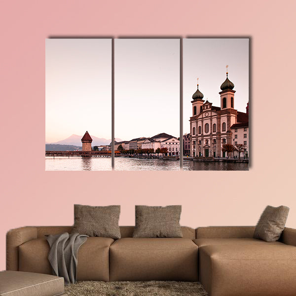 Lucerne Chapel Bridge and Jesuitenkirche at sunset multi panel canvas wall art