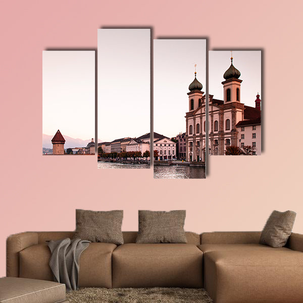 Lucerne Chapel Bridge and Jesuitenkirche at sunset multi panel canvas wall art