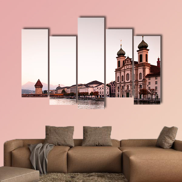 Lucerne Chapel Bridge and Jesuitenkirche at sunset multi panel canvas wall art