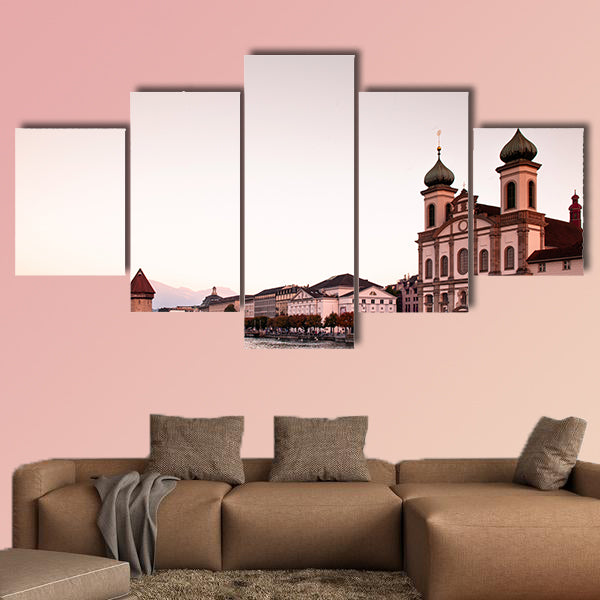 Lucerne Chapel Bridge and Jesuitenkirche at sunset multi panel canvas wall art