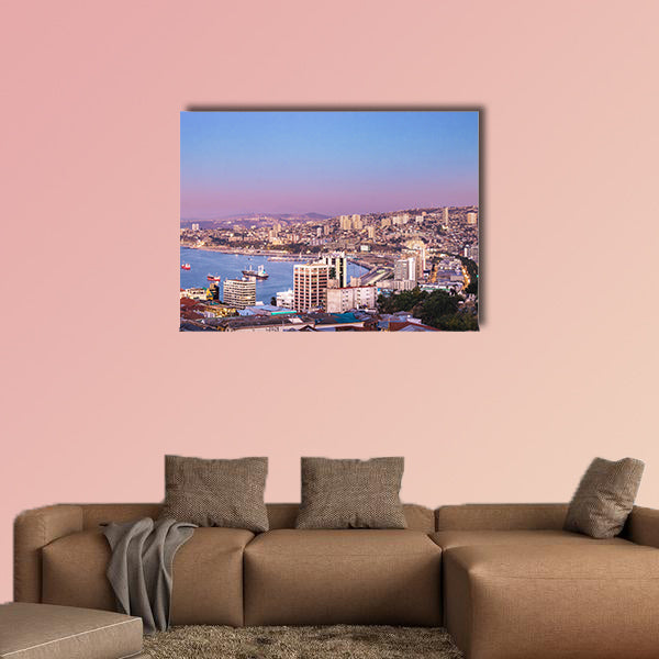 Aerial view of Valparaiso bay from Cerro Alegre Hill at sunset, Chile multi panel canvas wall art