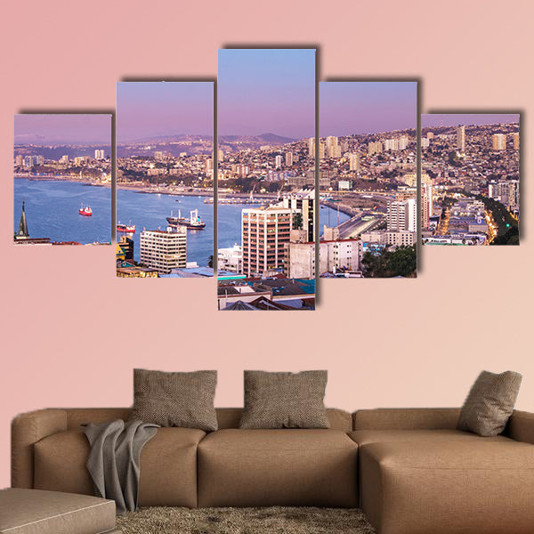 Aerial view of Valparaiso bay from Cerro Alegre Hill at sunset, Chile multi panel canvas wall art