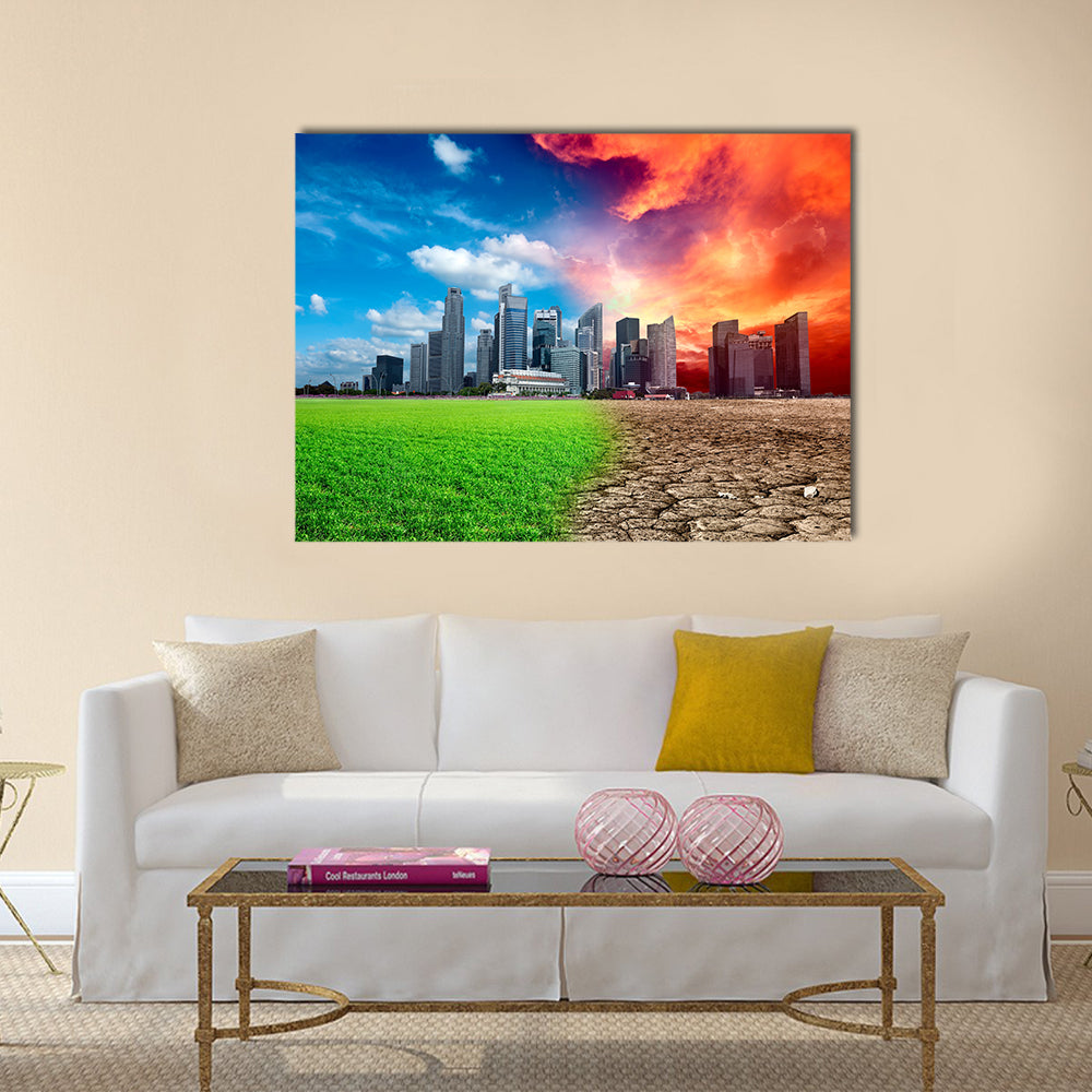 Global warming effect in city, Multi Panel Canvas Wall Art