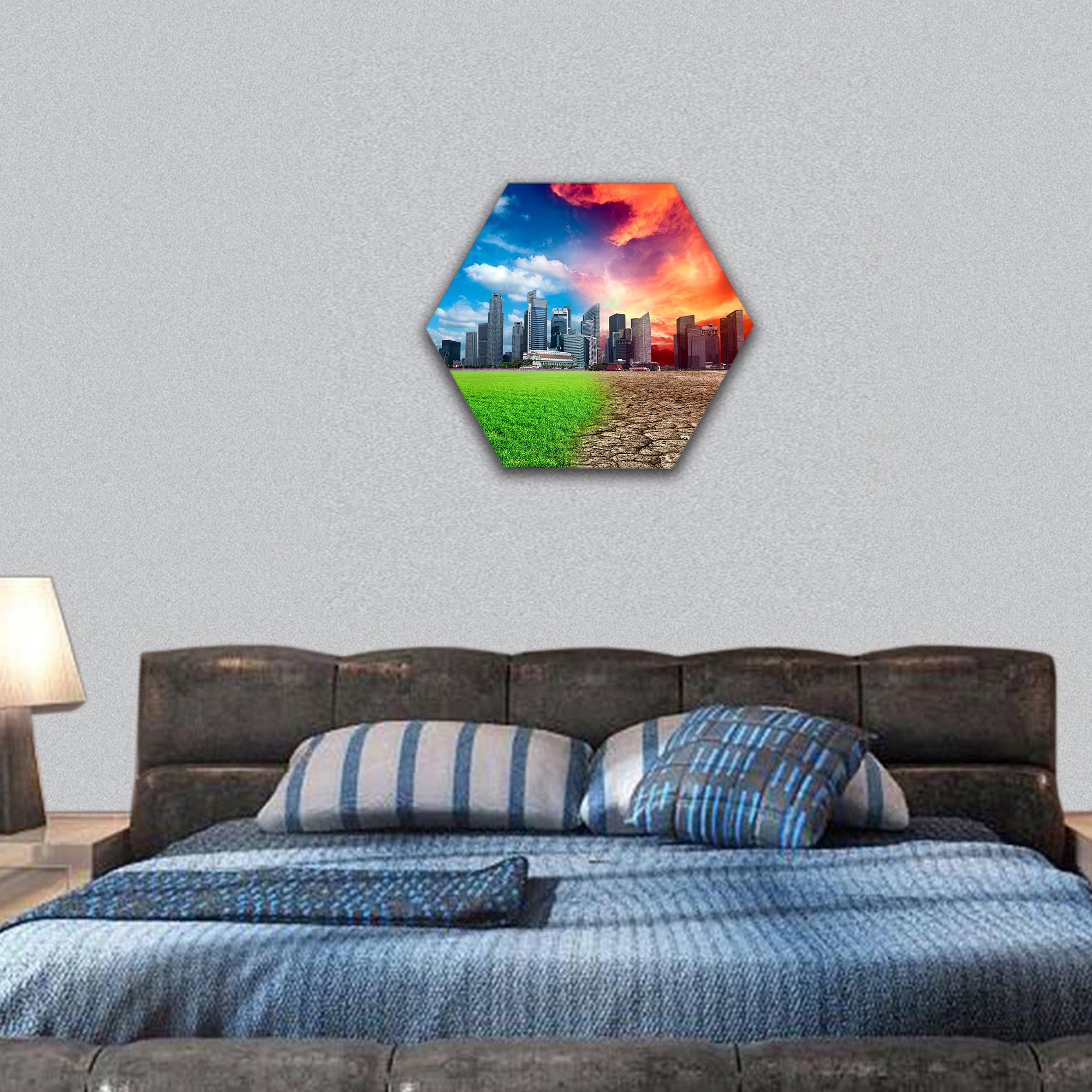 Global warming effect in city hexagonal canvas wall art