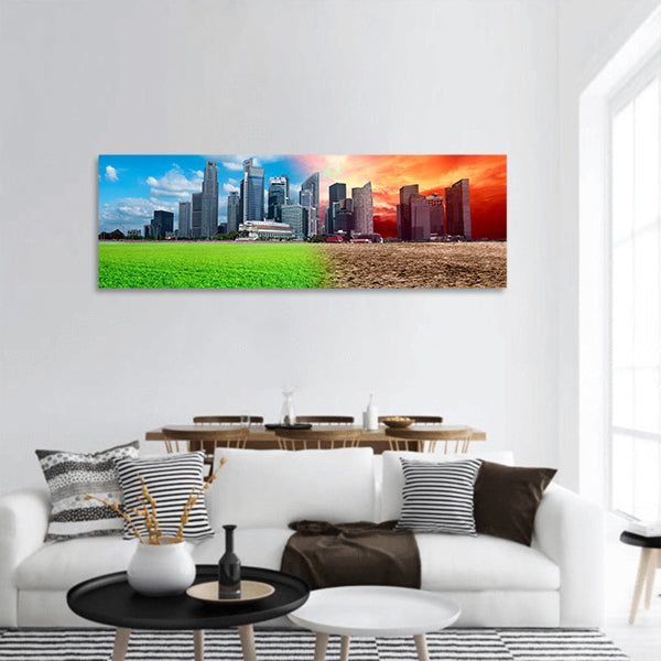 Global warming effect in city panoramic canvas wall art