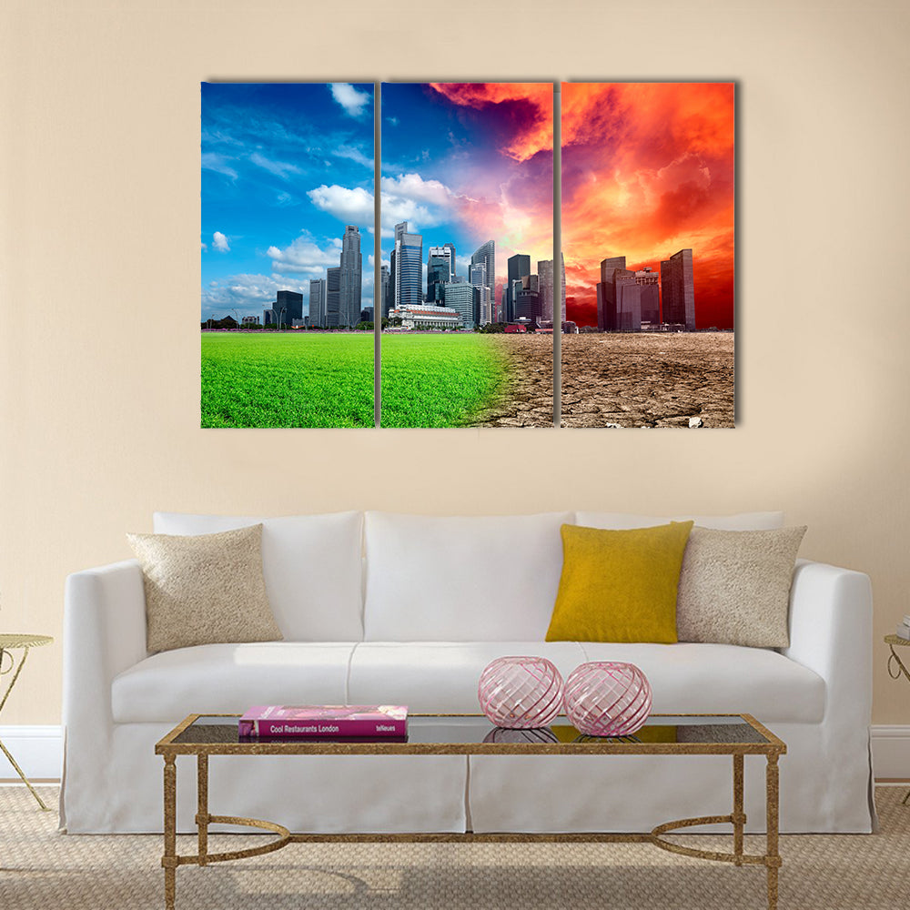 Global warming effect in city, Multi Panel Canvas Wall Art