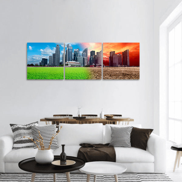 Global warming effect in city panoramic canvas wall art