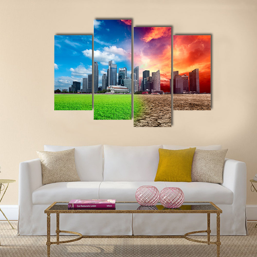Global warming effect in city, Multi Panel Canvas Wall Art