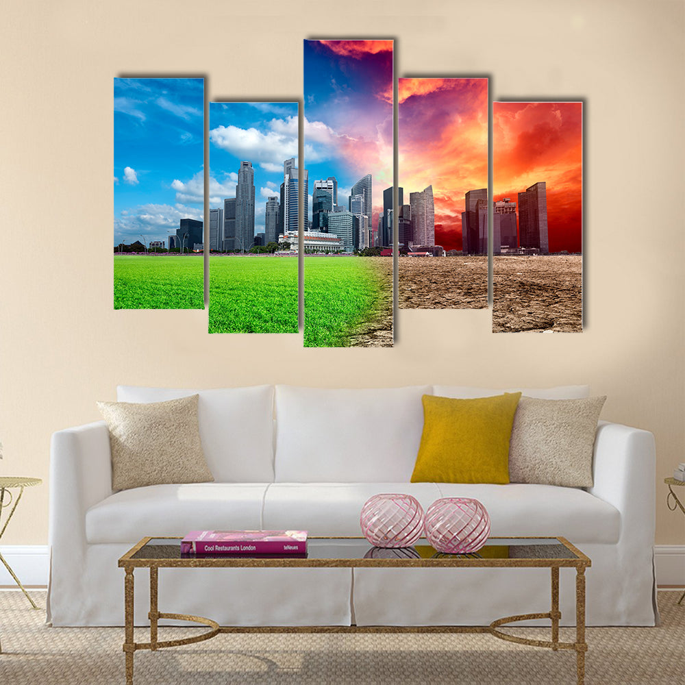 Global warming effect in city, Multi Panel Canvas Wall Art