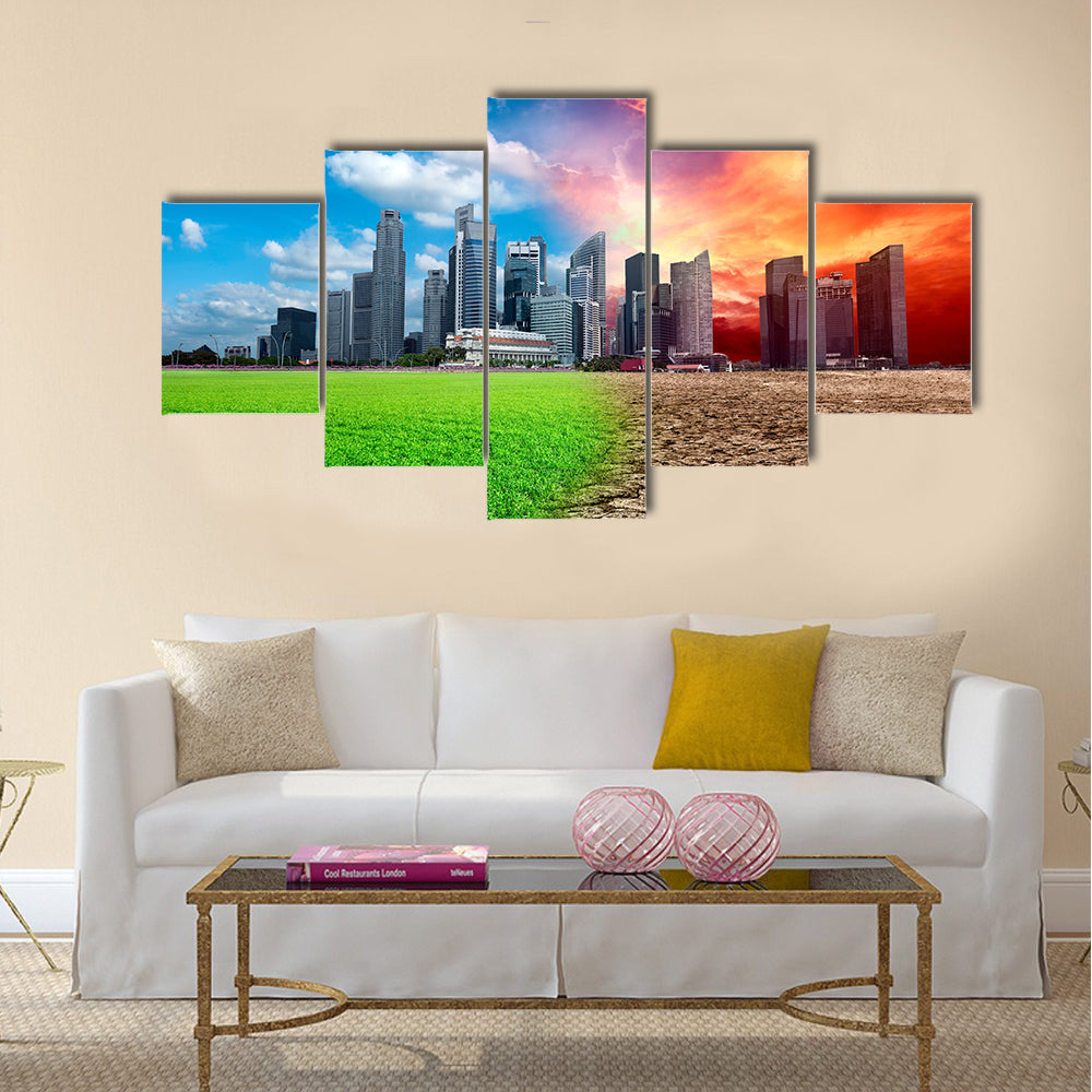 Global warming effect in city, Multi Panel Canvas Wall Art