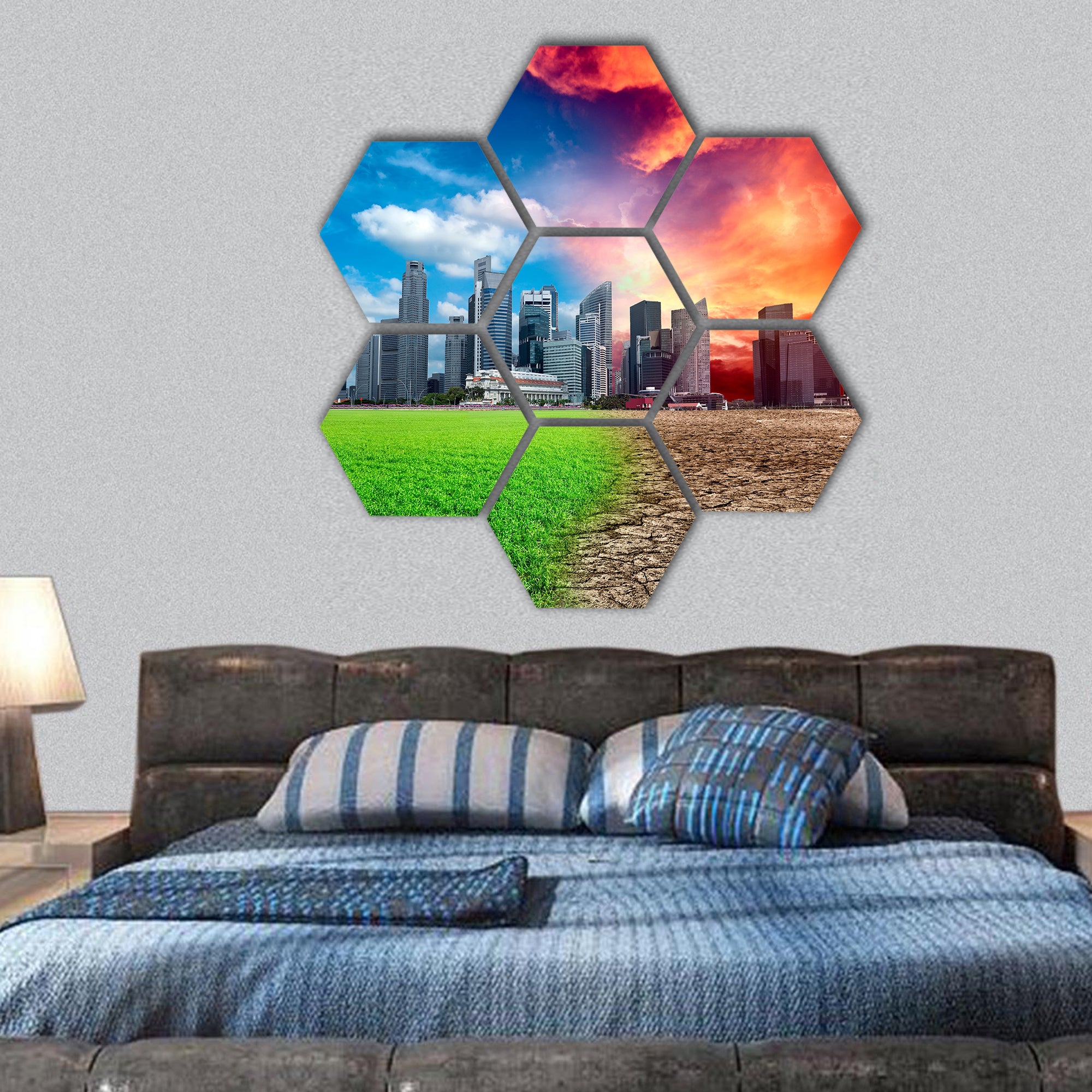 Global warming effect in city hexagonal canvas wall art