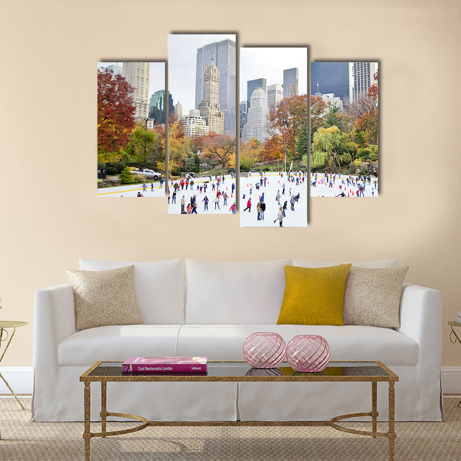 Ice skaters having fun in New York Central Park in fall Multi panel canvas wall art