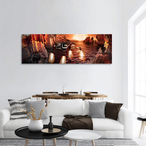 Spaceship landing on alien planet, with strange rocky mountains panoramic canvas wall art