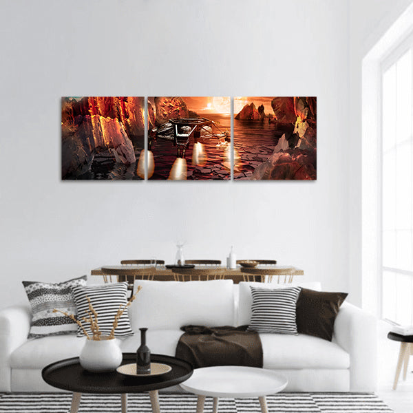 Spaceship landing on alien planet, with strange rocky mountains panoramic canvas wall art