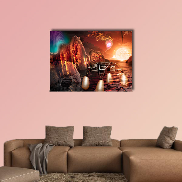 Spaceship landing on alien planet, with strange and Rocky Mountains wall art