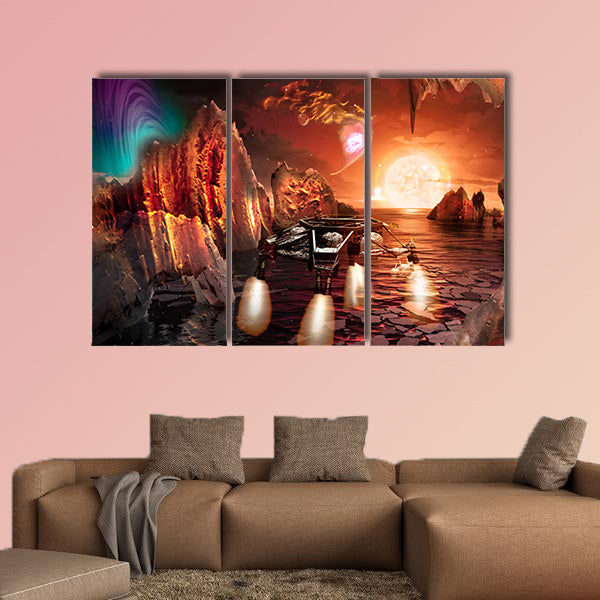 Spaceship landing on alien planet, with strange and Rocky Mountains wall art