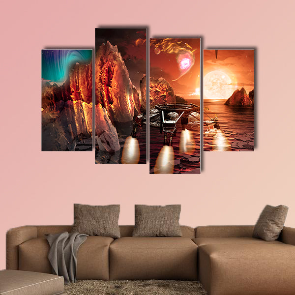 Spaceship landing on alien planet, with strange and Rocky Mountains wall art