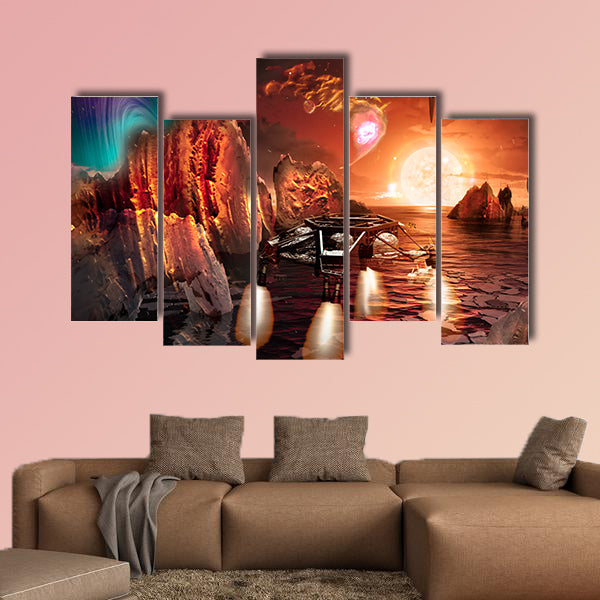 Spaceship landing on alien planet, with strange and Rocky Mountains wall art