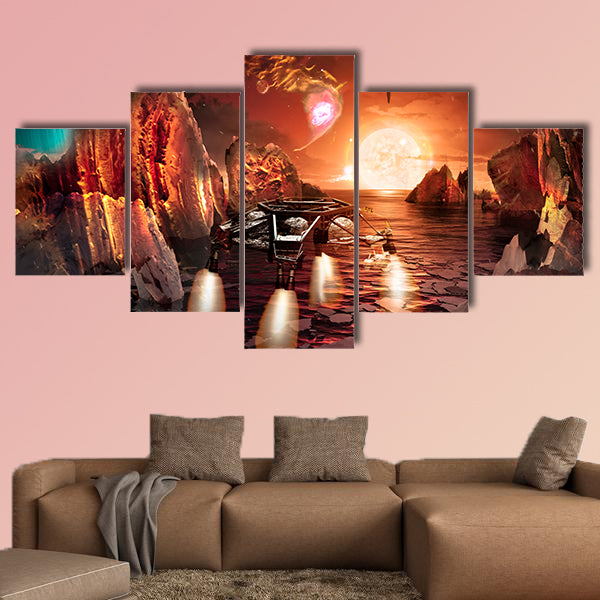 Spaceship landing on alien planet, with strange and Rocky Mountains wall art
