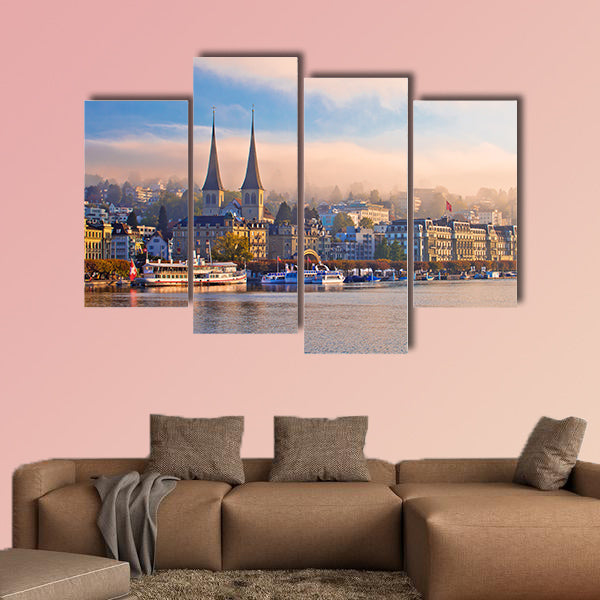 Town of Luzern morning fog view from Lake Multi panel canvas wall art